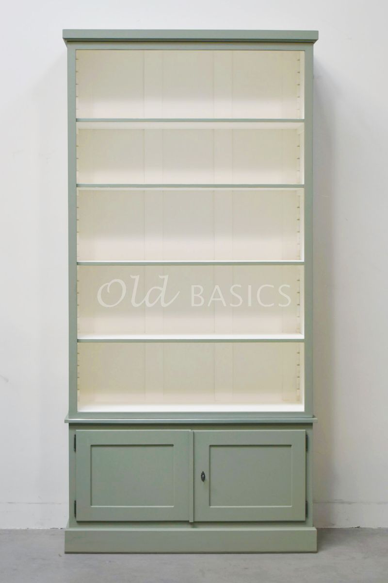 Detail van Boekenkast Monaco, RAL7033, groen, grijs, materiaal hout